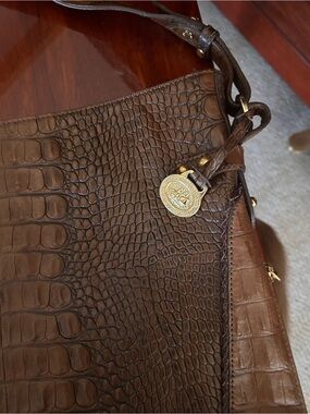 Brown Croc-Embossed Leather Shoulder Bag with Gold Medallion